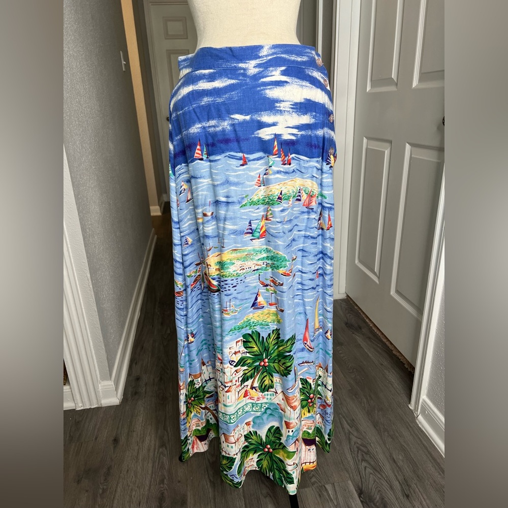Vintage Cambridge dry goods linen coastal scene maxi summer skirt